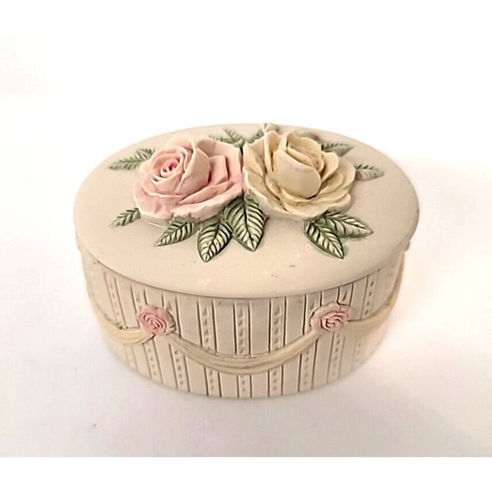 Vintage "Hand Cast" Ceramic Trinket Box Carved Flowers On Top Made In U.K.